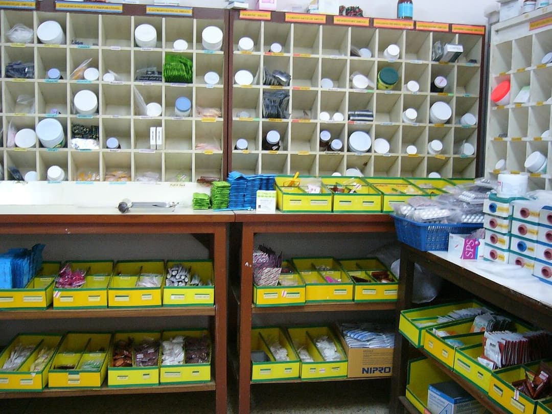 Shelves of medicines and supplies in a hospital pharmacy