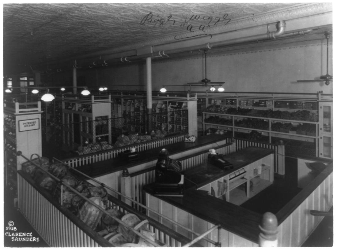 The checkout counter of an early self-service grocery