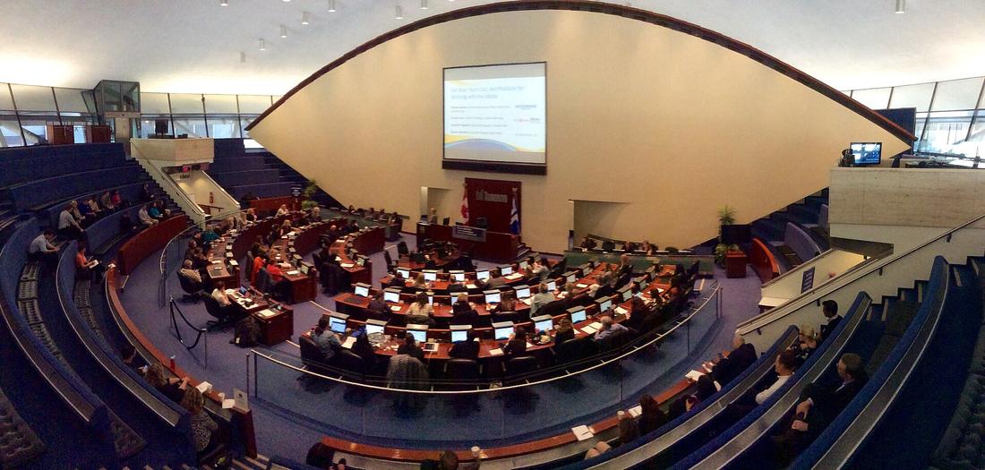 A city council meeting chamber