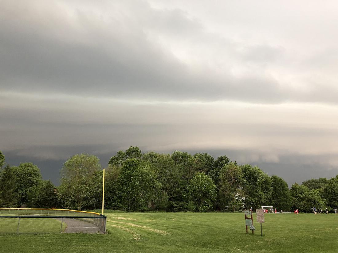 A shelf cloud ahead of an approaching severe thunderstorm
